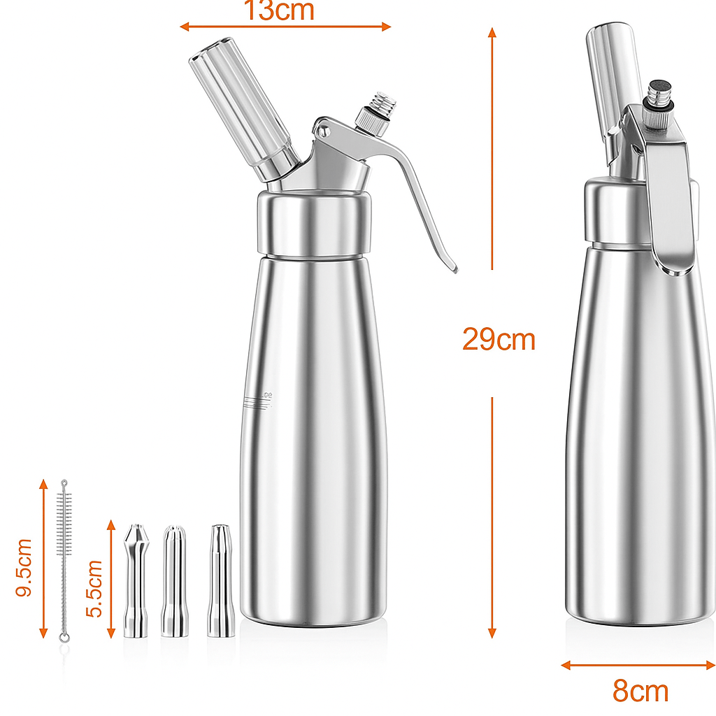 500ml Aluminum Whipped Cream Dispenser with Three Nozzles and Siphon Mechanism