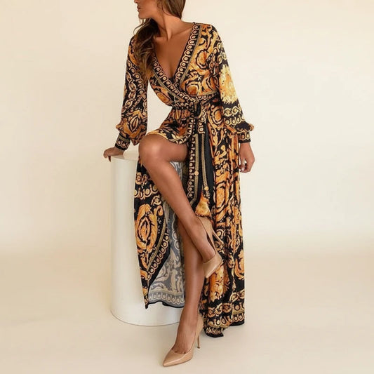 Elegant Floral Wrap Long Sleeve Maxi Dress