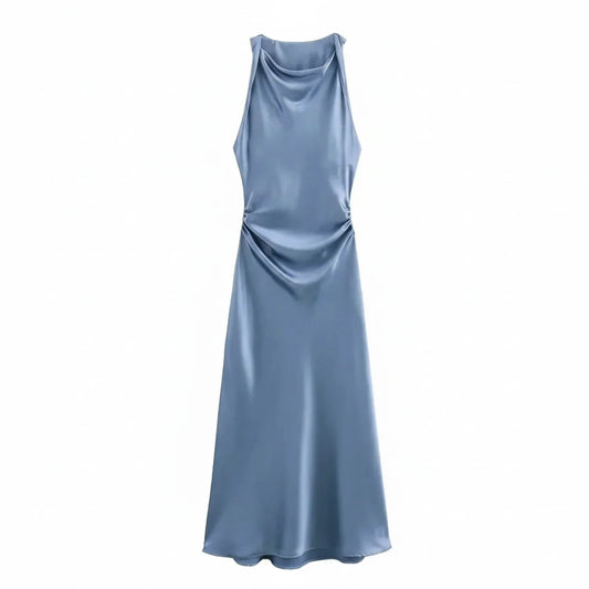 Elegant Satin Cowl Neck Bodycon Midi Dress