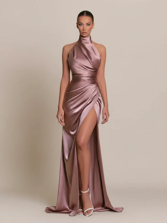 Elegant Satin Halter Bodycon Maxi Dress
