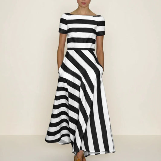 Striped A Line Off Shoulder Midi Dress
