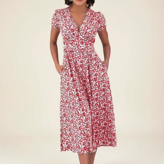 Floral A Line Midi Dress with Short Sleeves