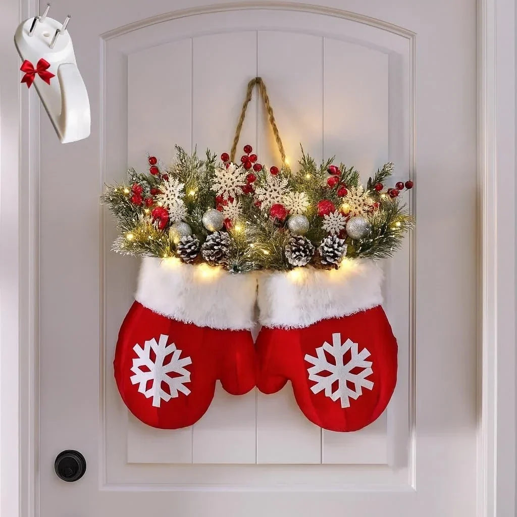 Christmas Door Hanger with Mitten Shape and Faux Greenery, Lit or Unlit