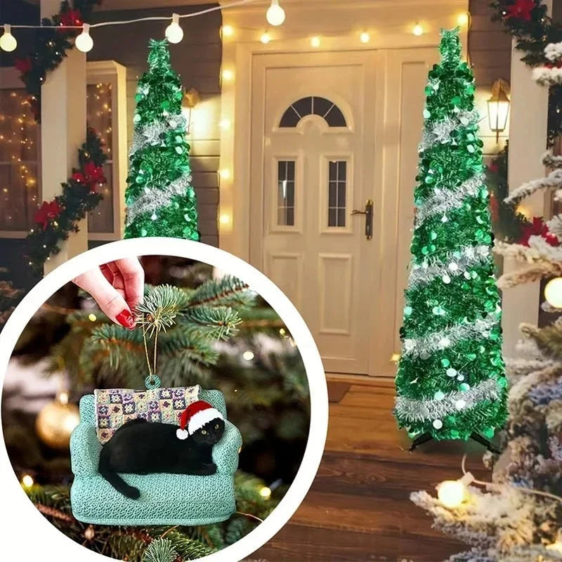 Cat Christmas Tree Ornament with Black Cat Design and Acrylic Disc Pendant