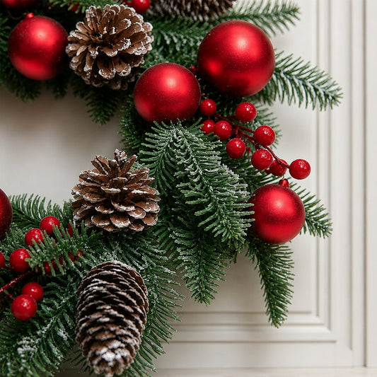 Christmas Wreath with Red Baubles, Berries and Pinecones
