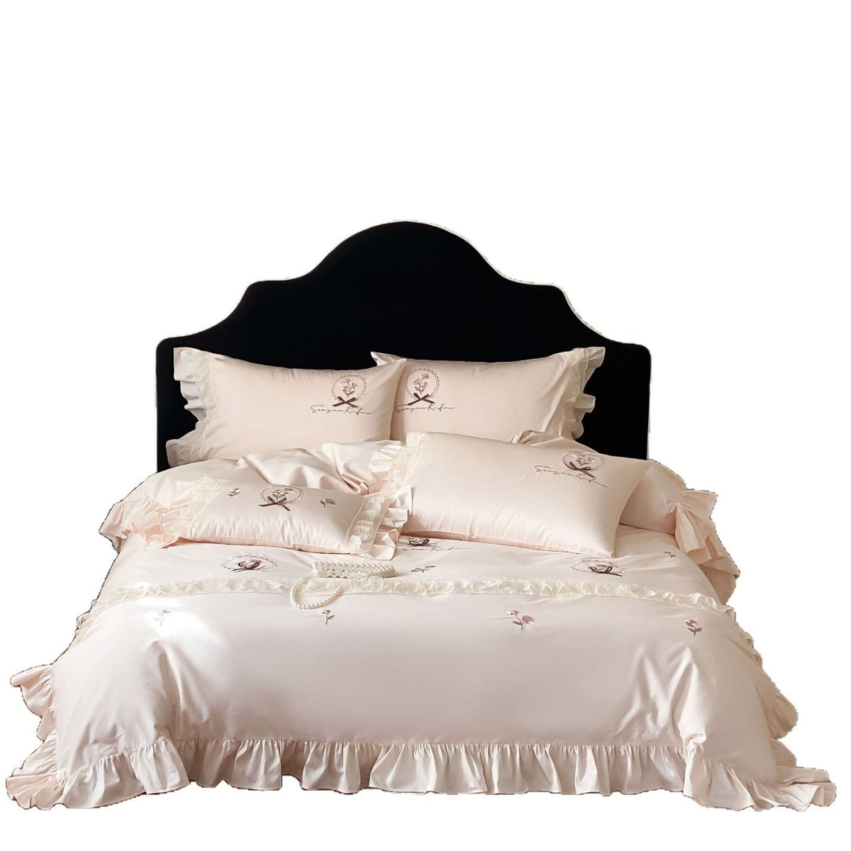 Cotton Sateen Bedding Set with Frill Ruffle, Delicate Floral Embroidery and Pillowcases