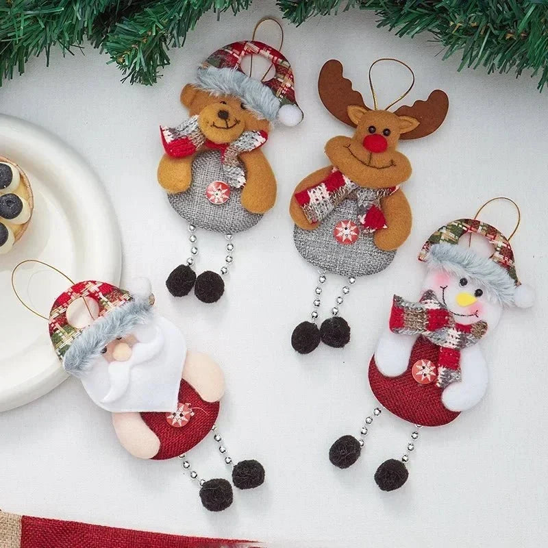 Handcrafted Christmas Ornaments with Plush Fabric, Dangling Legs, and Snowflake Details