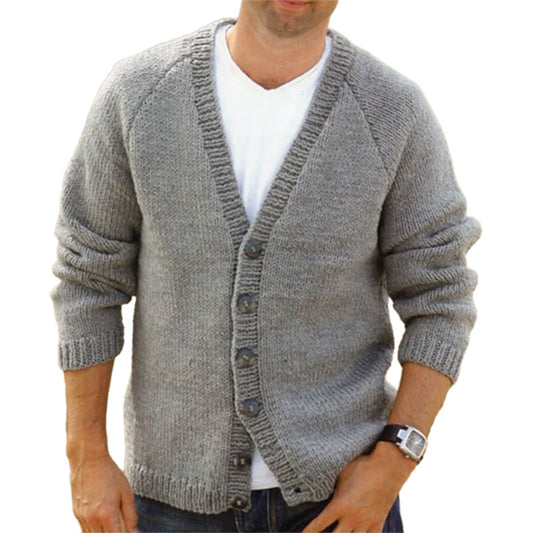 Men's Knit Cardigan with Deep V-Neck and Button Details