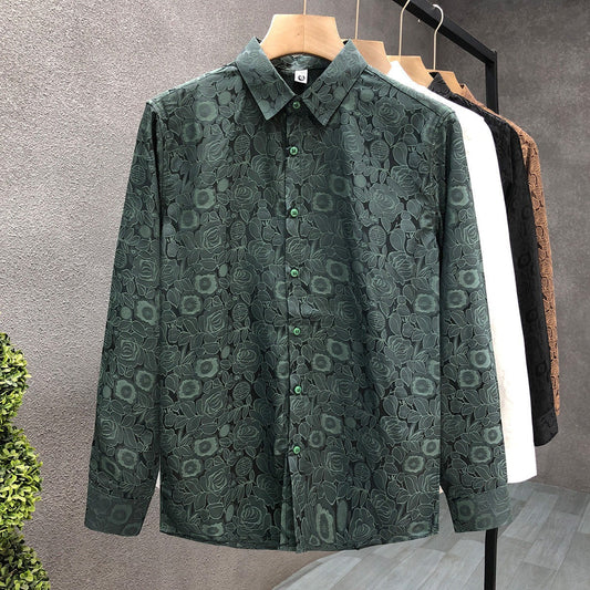 Men's Long Sleeve Jacquard Shirt with Fine Floral Embossing and Spread Collar