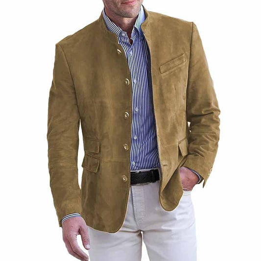 Men's Suede Leather Blazer with Stand Collar and Flap Pockets