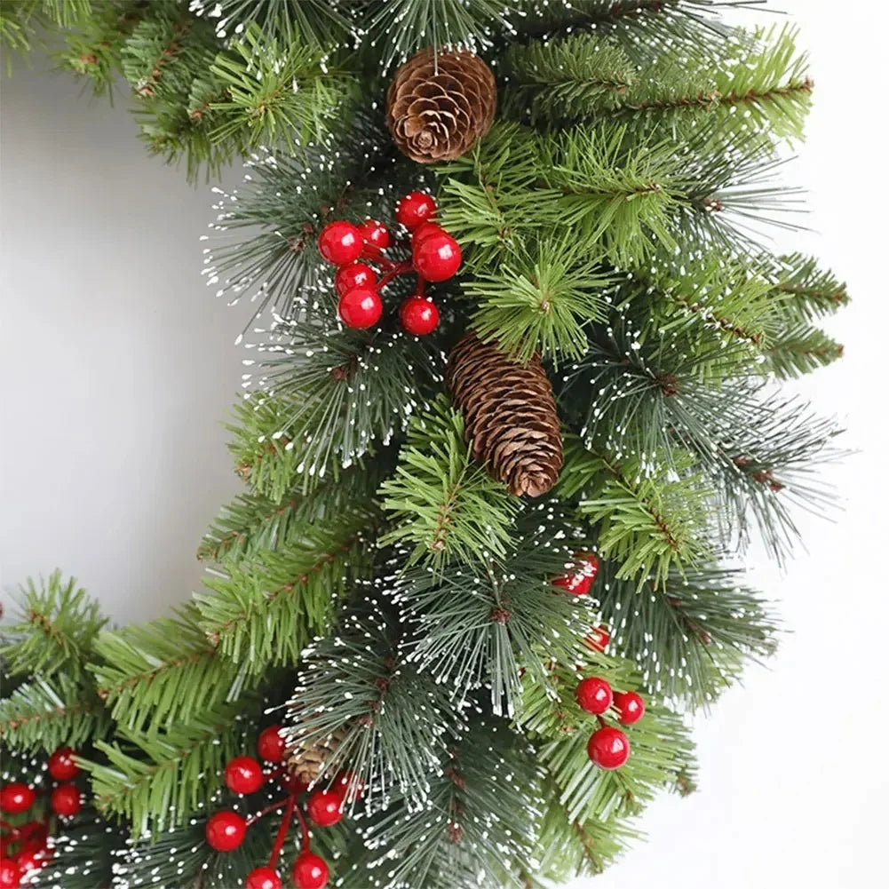 Pre-Lit Christmas Wreath with Pine Foliage, Red Berries, and Cones