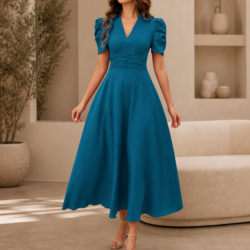 Ruched Waist Puff Sleeve V-Neck Midi Dress