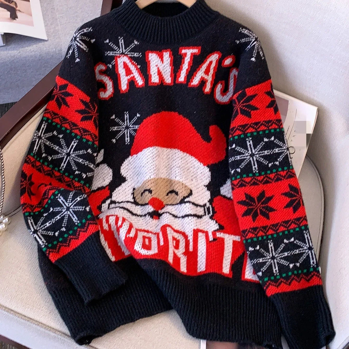 Women's Black Christmas Santa Crew Neck Long Sleeve Knit Sweater