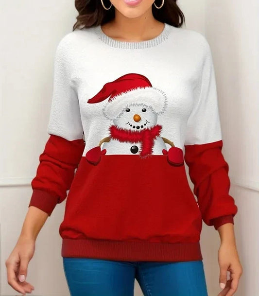 Women's Christmas Sweater with Snowman and Reindeer Print – Nylon-Acrylic Knit