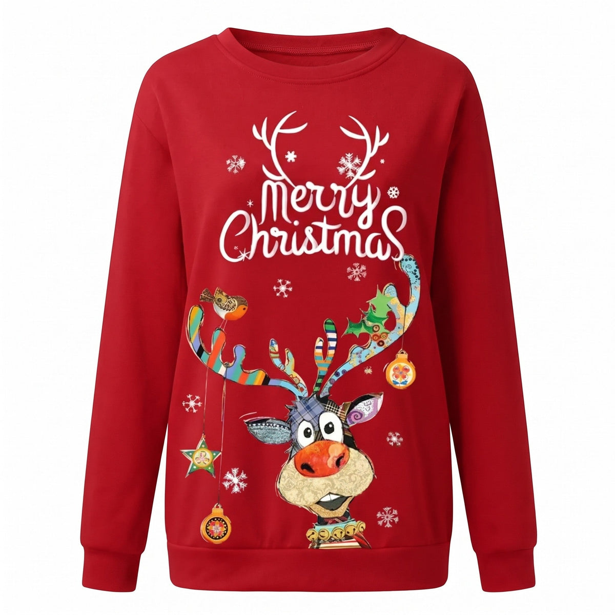 Women's Christmas Sweatshirt with Cheerful Reindeer and Festive Print