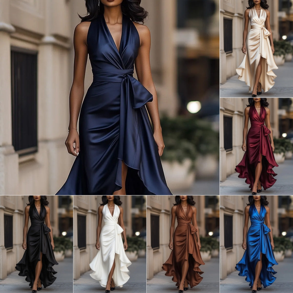Women's Deep V-Neck Ruffle Evening Dress