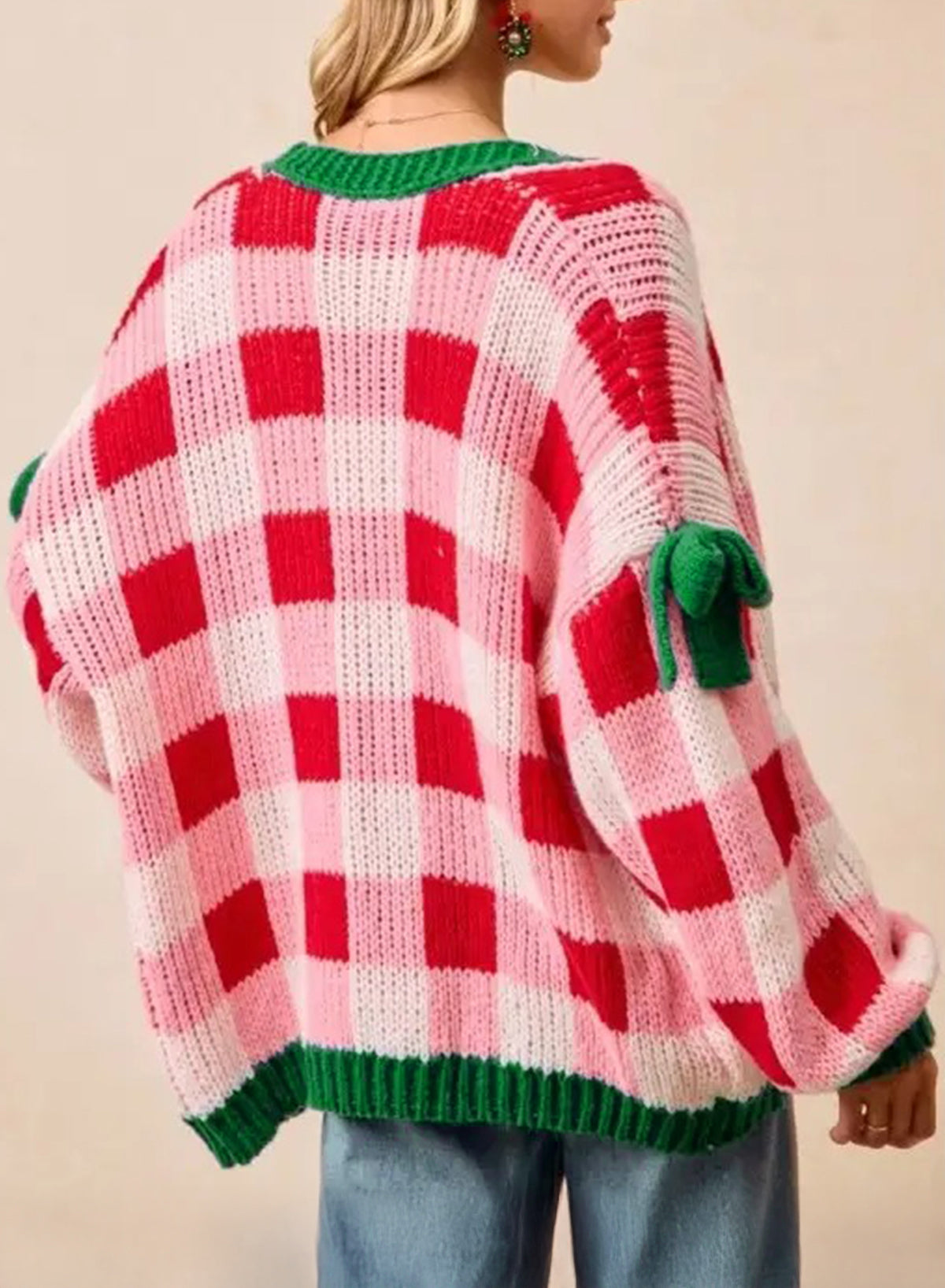 Women's Pink Checkered Christmas Cardigan – Open-Front Knit Sweater with Green Trim and Bow Details
