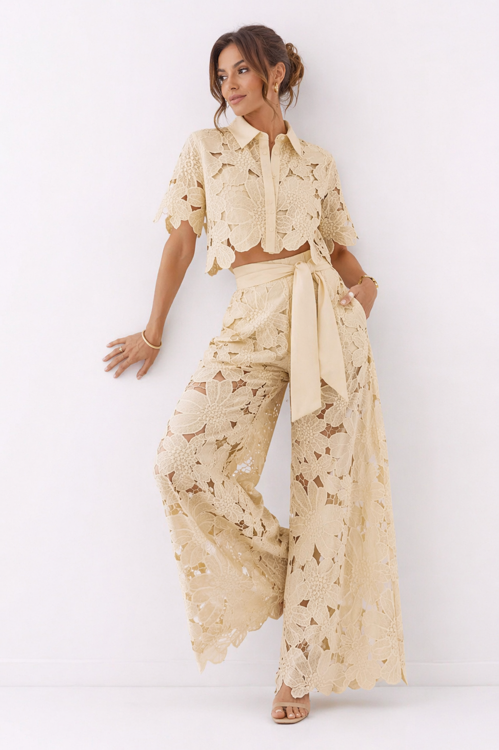 Women's Summer Blouse & Wide-Leg Pants Set with Pattern