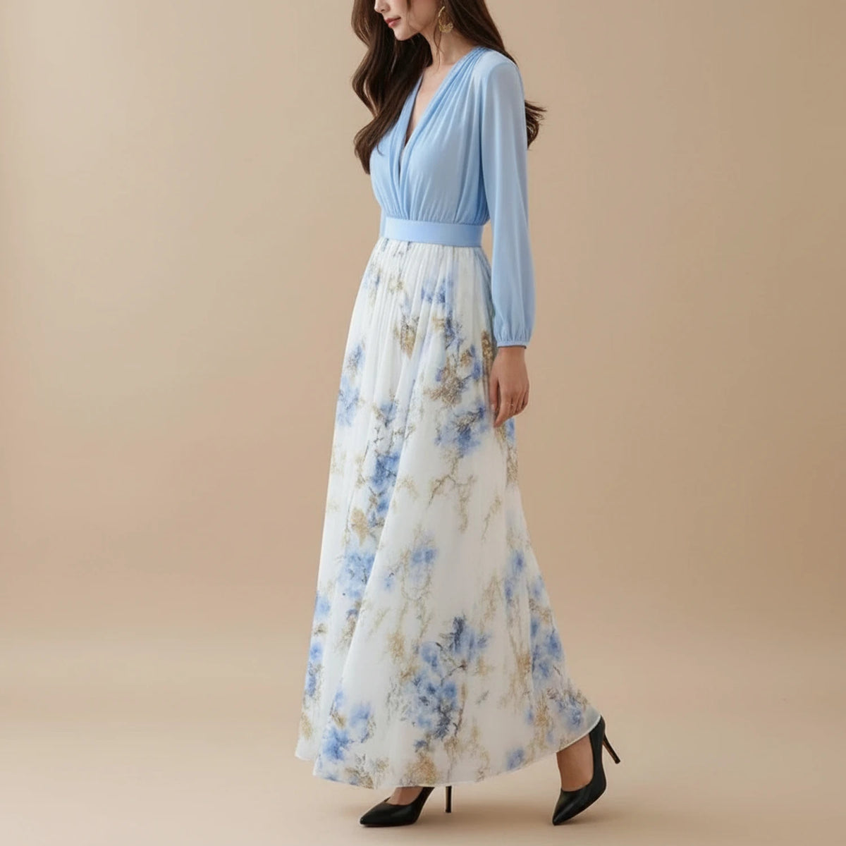 Elegant Floral Long Sleeve A Line Maxi Dress