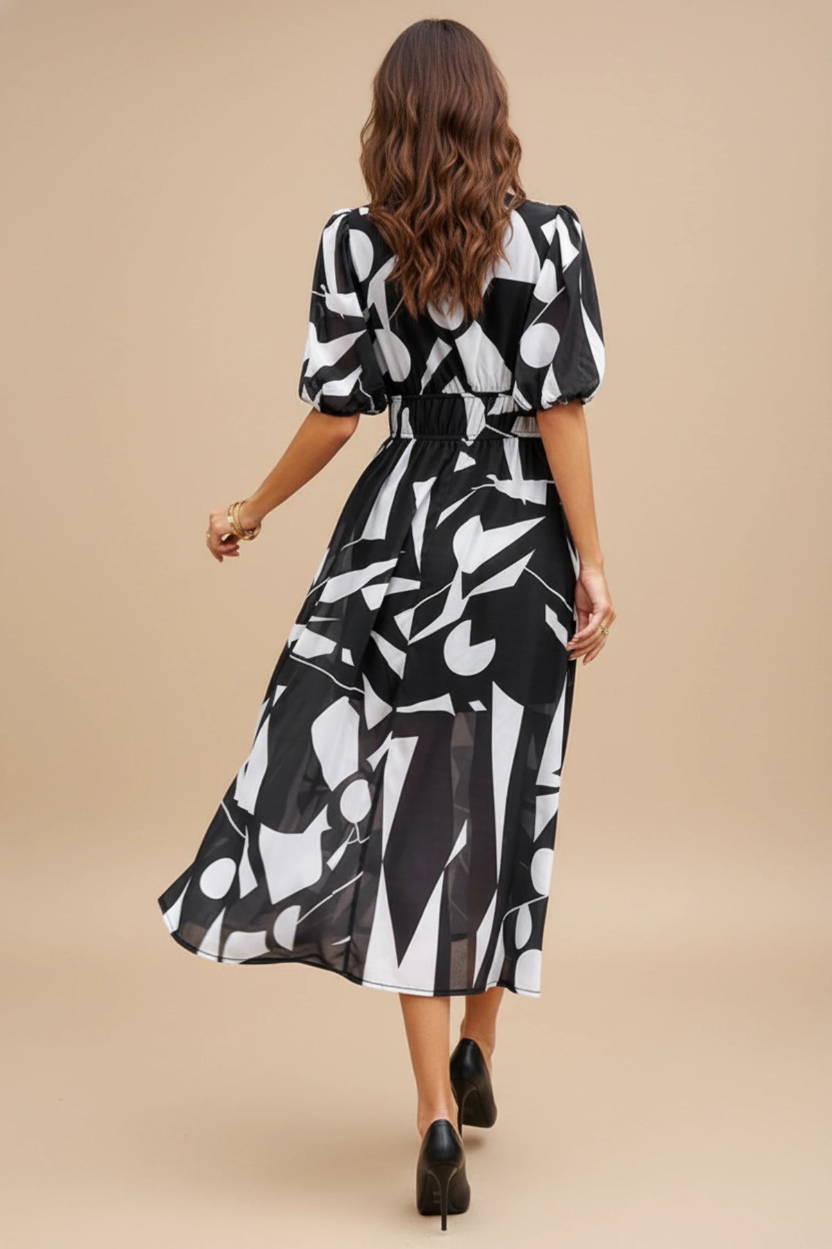 Elegant Floral Puff Sleeve A Line Midi Dress