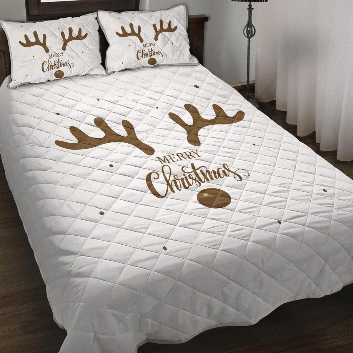 3-Piece Christmas Reindeer Print Bedding Set - Diamond-Quilted Microfiber Quilt and Pillow Shams