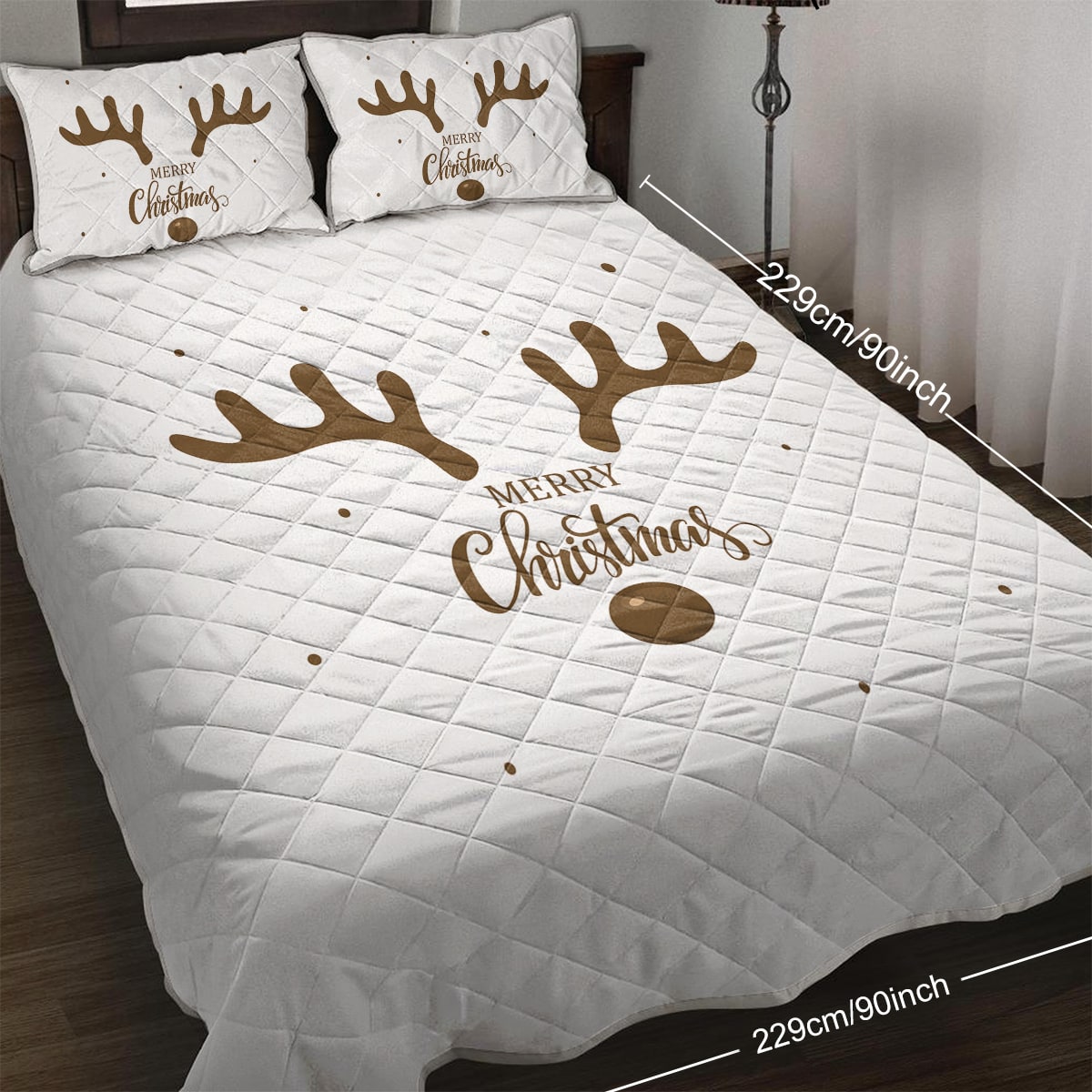3-Piece Christmas Reindeer Print Bedding Set - Diamond-Quilted Microfiber Quilt and Pillow Shams