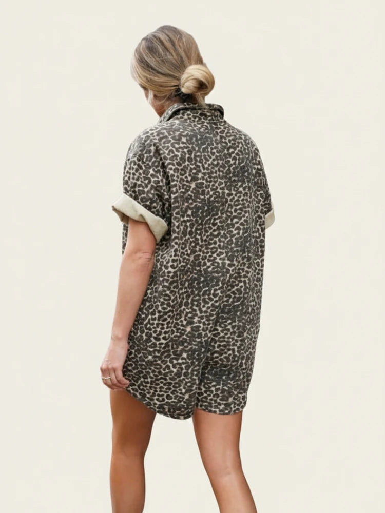 Women's Leopard Print Button Down Short Sleeve Shirt