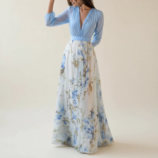 Elegant Floral Long Sleeve A Line Maxi Dress