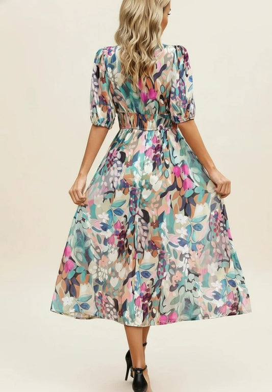 Elegant Floral Puff Sleeve A Line Midi Dress