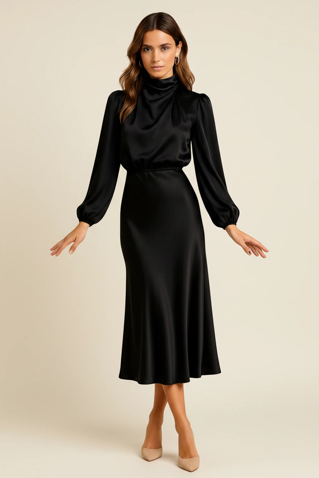 Elegant Satin Cowl Neck Long Sleeve Midi Dress