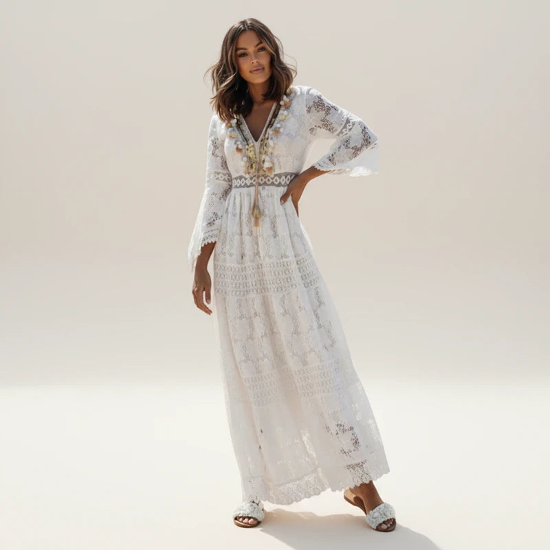 Elegant Boho Lace Long Sleeve Maxi Dress