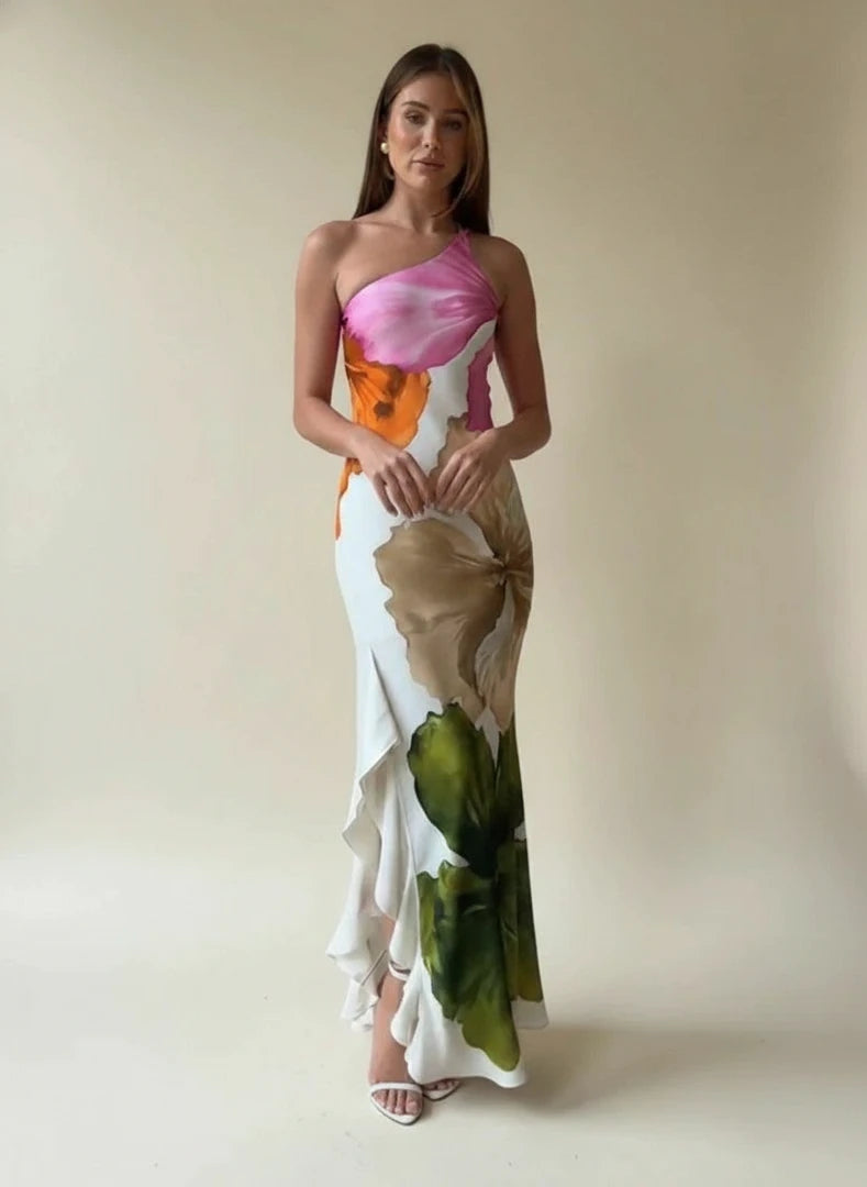 Elegant Floral One Shoulder Maxi Dress