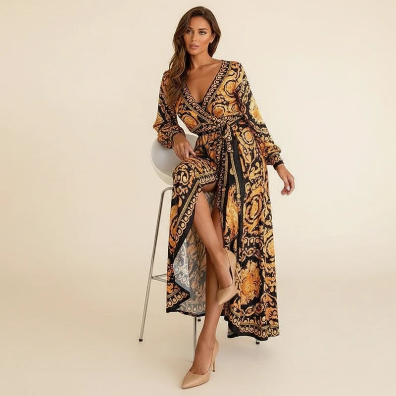 Elegant Floral Wrap Long Sleeve Maxi Dress