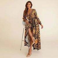 Elegant Floral Wrap Long Sleeve Maxi Dress