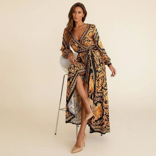 Elegant Floral Wrap Long Sleeve Maxi Dress