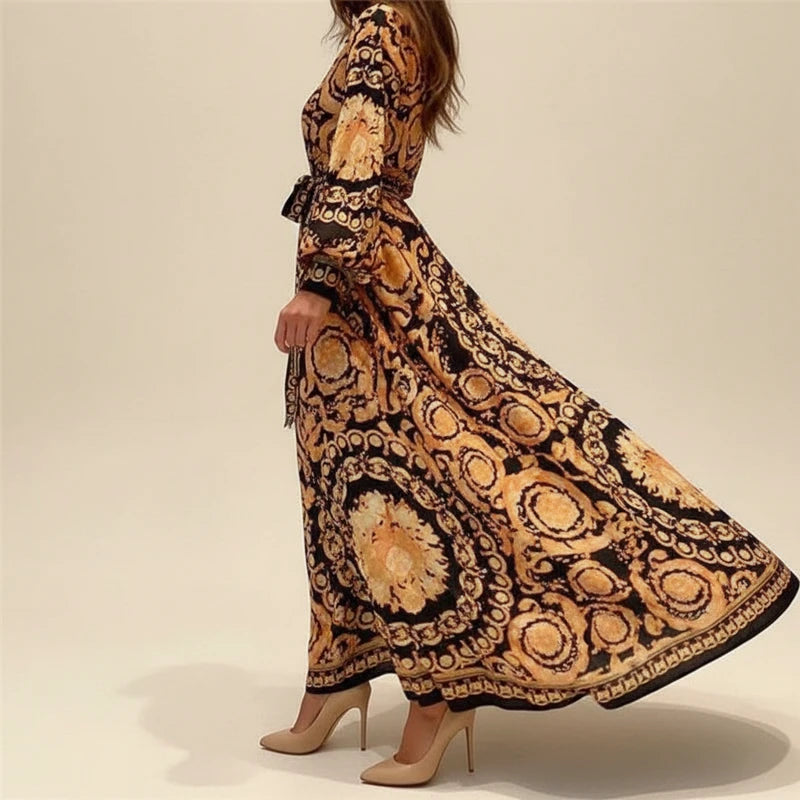 Elegant Floral Wrap Long Sleeve Maxi Dress