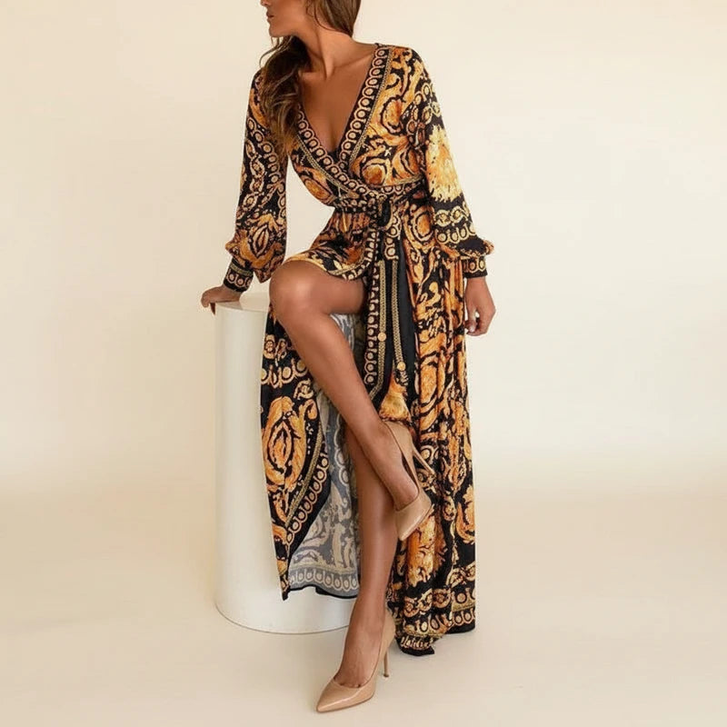 Elegant Floral Wrap Long Sleeve Maxi Dress