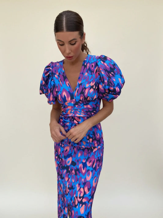 Women's Puff Sleeve V-Neck Midi Dress