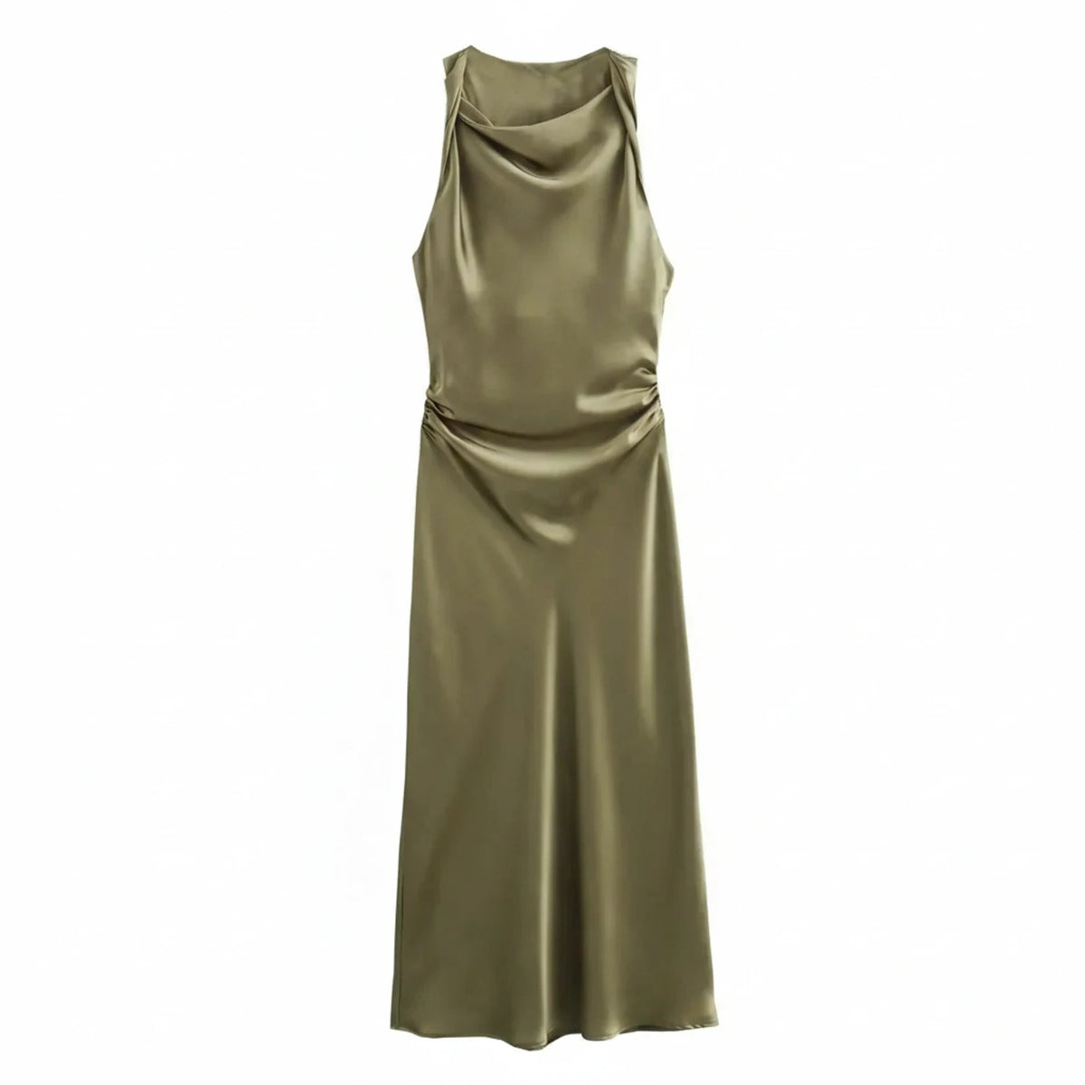 Elegant Satin Cowl Neck Bodycon Midi Dress