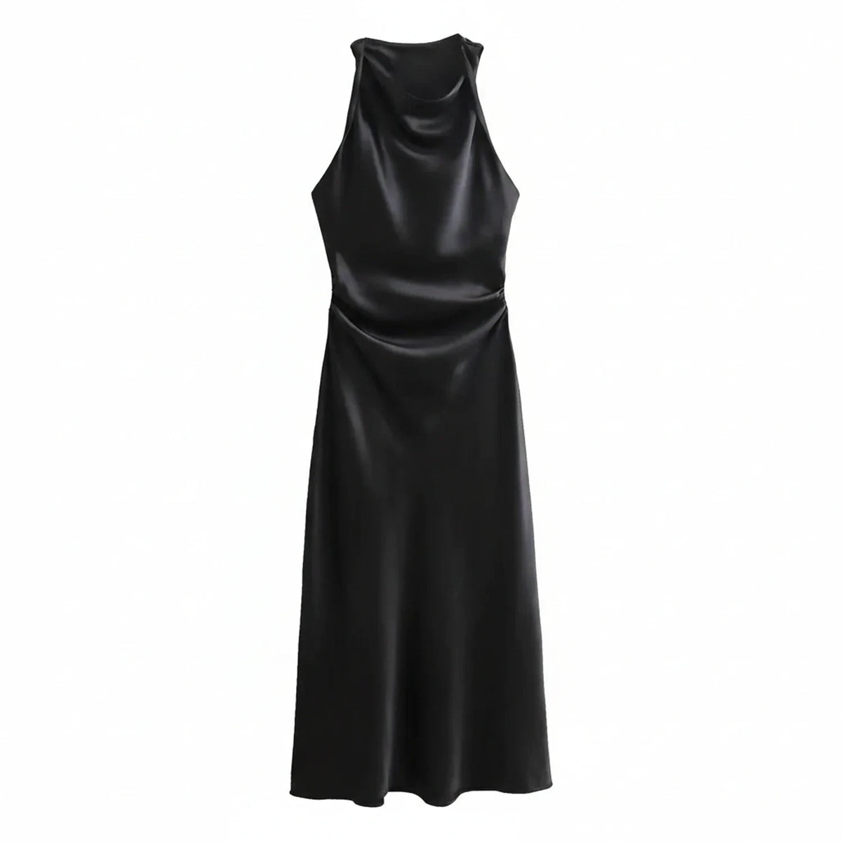 Elegant Satin Cowl Neck Bodycon Midi Dress