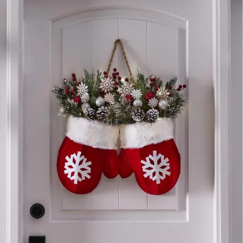 Christmas Door Hanger with Mitten Shape and Faux Greenery, Lit or Unlit