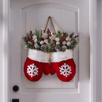Christmas Door Hanger with Mitten Shape and Faux Greenery, Lit or Unlit