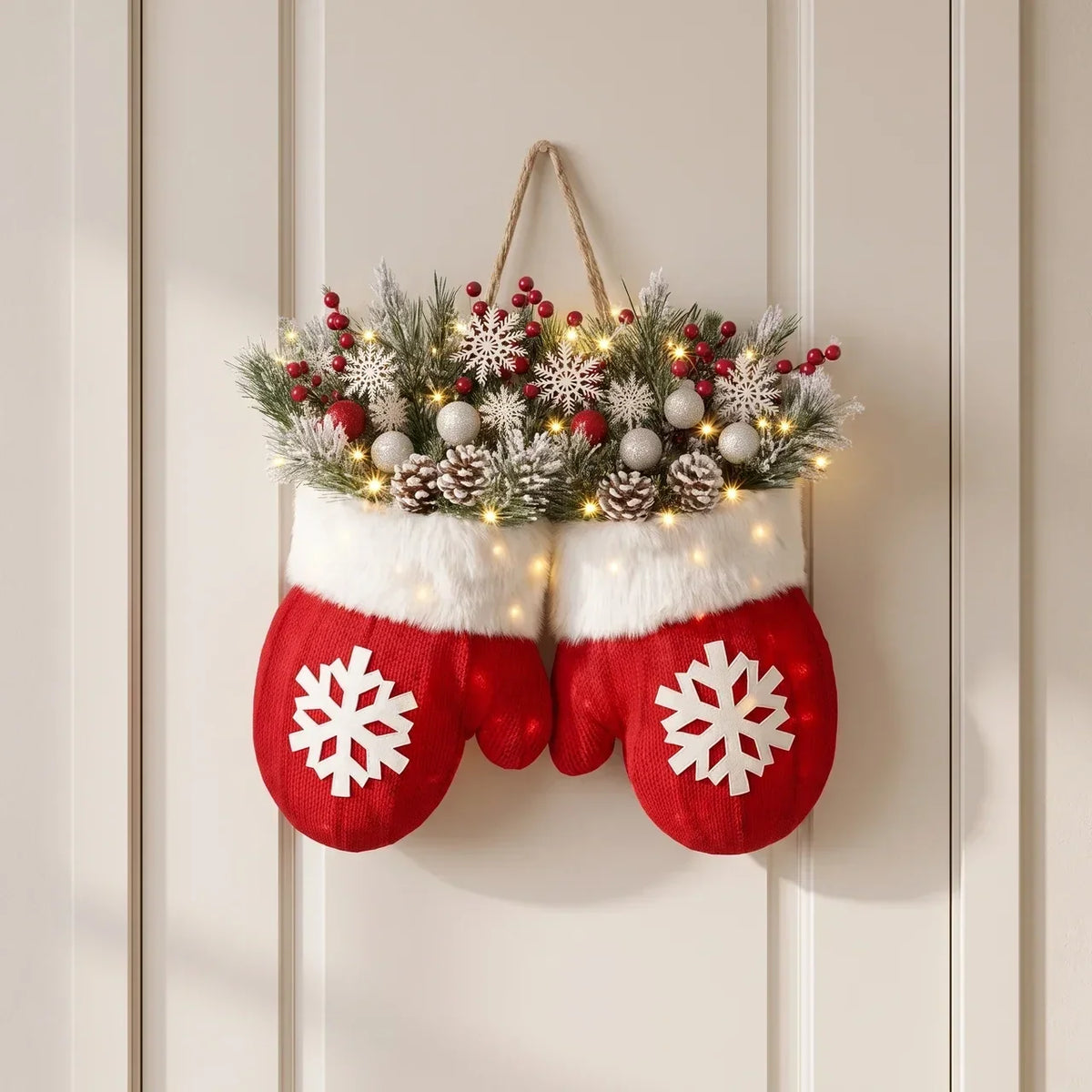 Christmas Door Hanger with Mitten Shape and Faux Greenery, Lit or Unlit