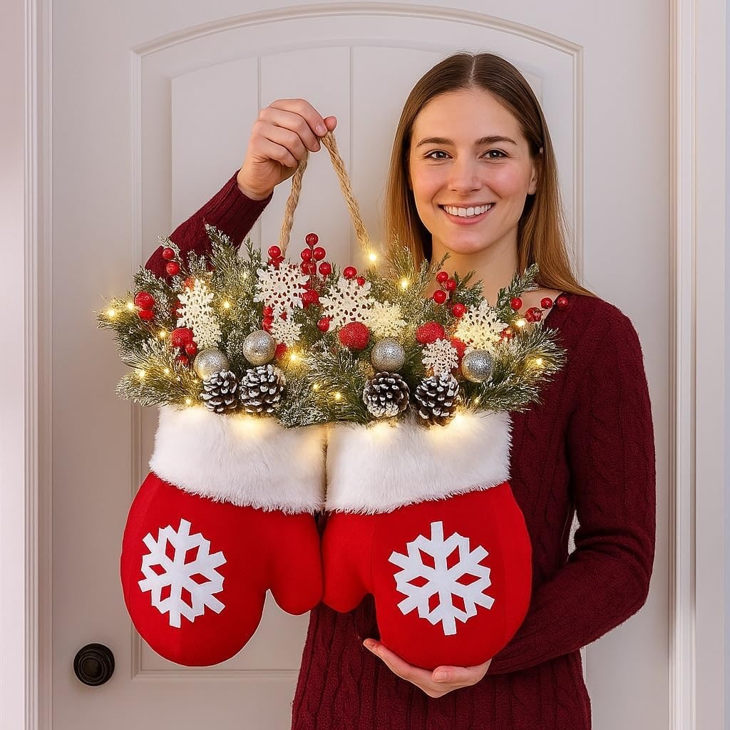 Christmas Door Hanger with Mitten Shape and Faux Greenery, Lit or Unlit