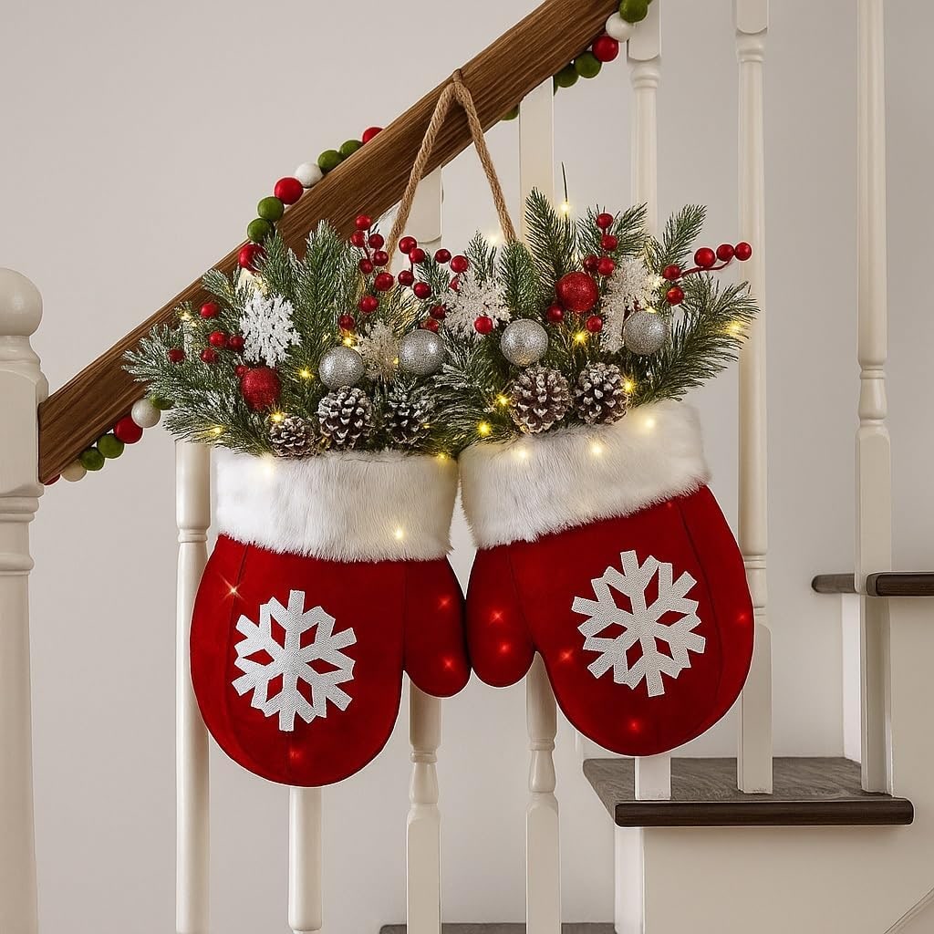 Christmas Door Hanger with Mitten Shape and Faux Greenery, Lit or Unlit