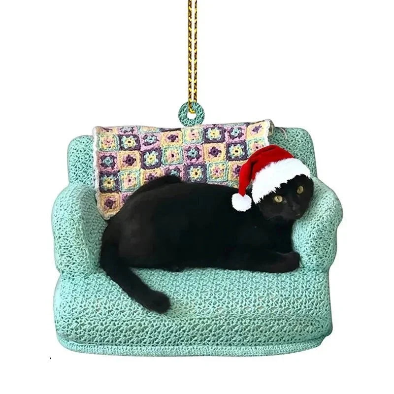 Cat Christmas Tree Ornament with Black Cat Design and Acrylic Disc Pendant