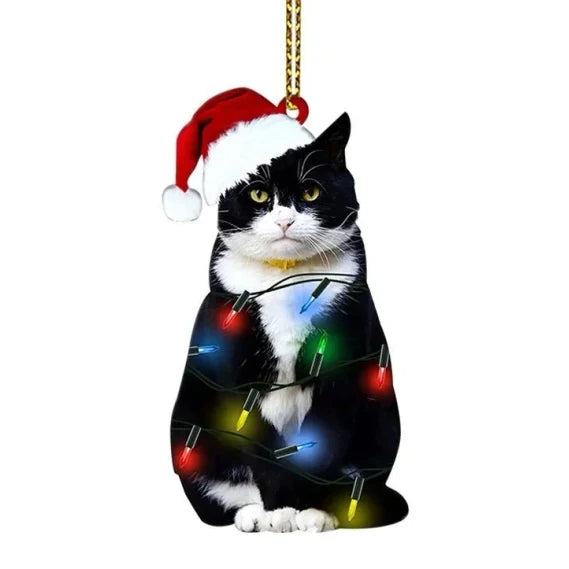 Cat Christmas Tree Ornament with Black Cat Design and Acrylic Disc Pendant