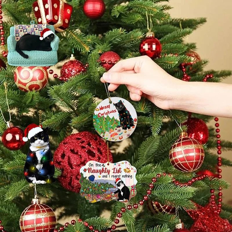 Cat Christmas Tree Ornament with Black Cat Design and Acrylic Disc Pendant