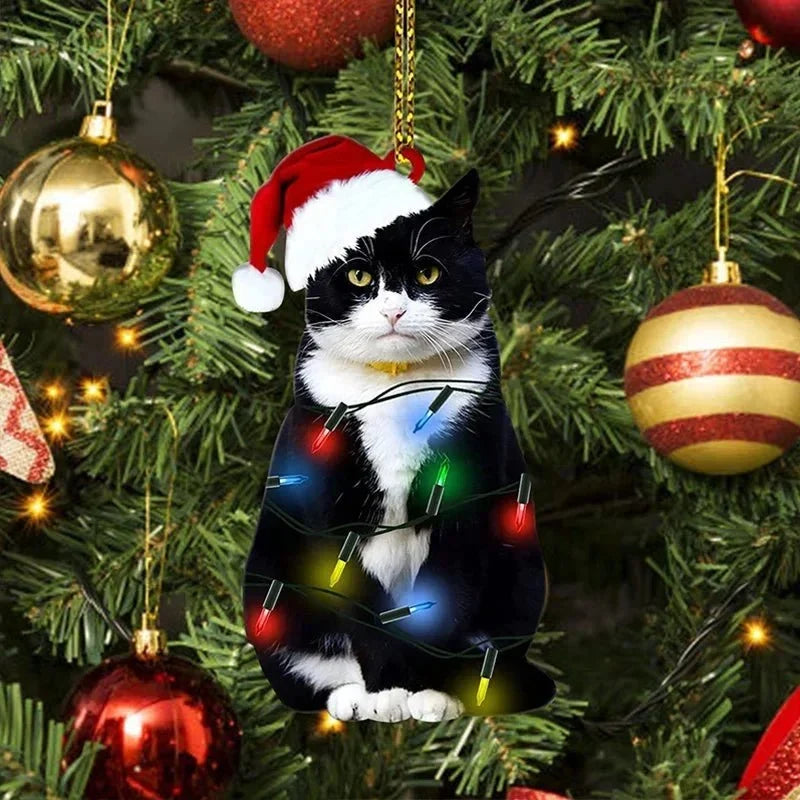 Cat Christmas Tree Ornament with Black Cat Design and Acrylic Disc Pendant