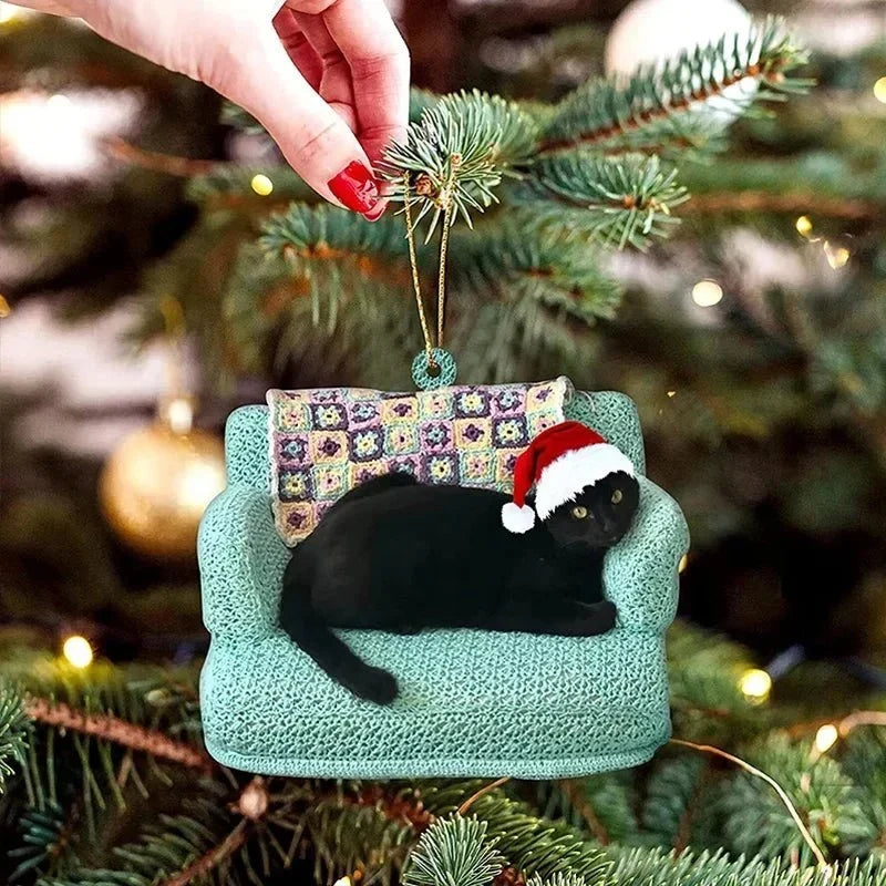 Cat Christmas Tree Ornament with Black Cat Design and Acrylic Disc Pendant